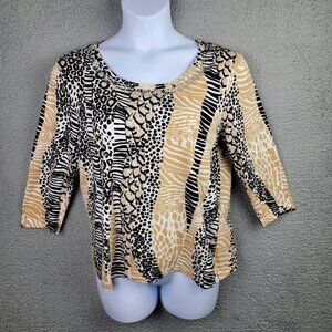 Tee Shirt Top L Cream White Black 3/4 Sleeves 100% Cotton Animal Embellished